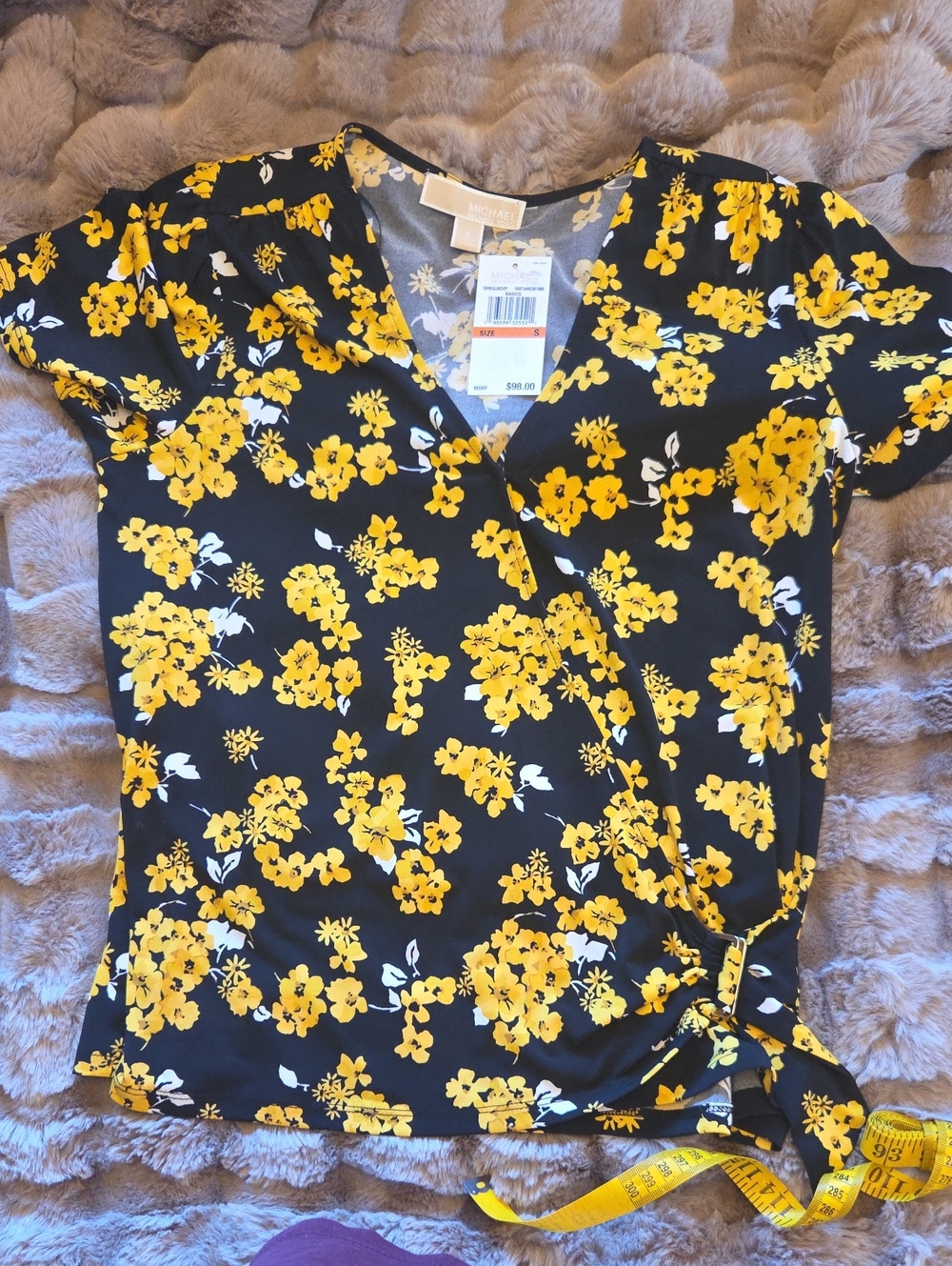 Michael Kors Black Wrap Top with Yellow Floral Print